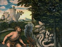 GG 713  GG 713, Lukas Cranach d.Ä. (1472-1553), Herkules und die lernäische Schlange (aus einer Serie der "Herkulesaufgaben"), Rotbuchenholz, 108 x 100 cm : Götter